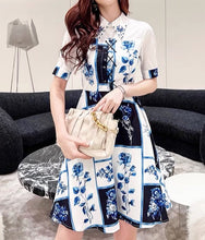 Dress elegant white and blue floral printed knee length  lace up A-line