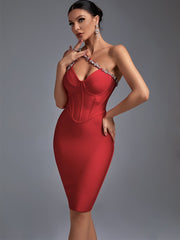 Elegant Red Bodycon Bandage Dress Sexy Halter Neck Midi Dress