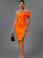 High Quality Sexy One Shoulder Elegant Orange Ruffles Bandage Dress