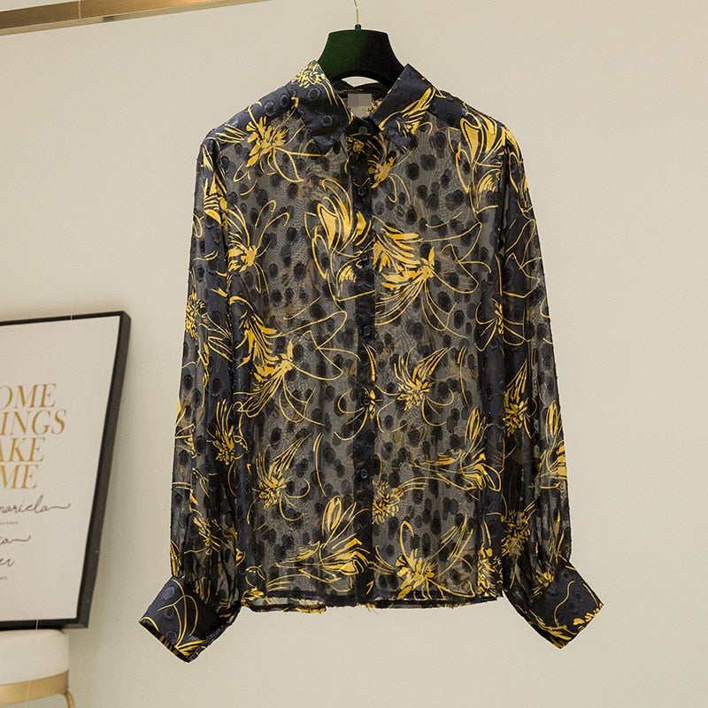 High Quality Lantern Sleeve Floral Jacquard Chiffon Shirt