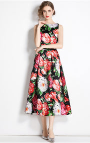 High Quality Midi Floral Print Sleeveless Round Neck Dress