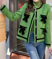 Classic Style Chunky Contrast Color Bow Knitted Tweed Jacket