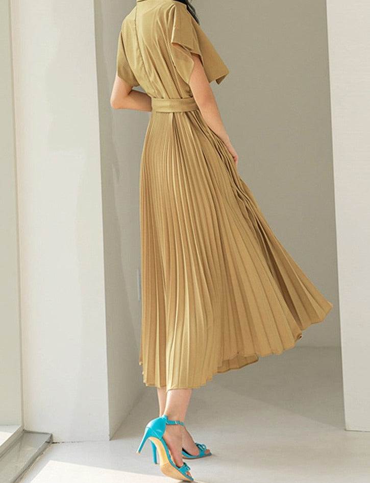 High Quality Slim Waist Belted Short Sleeve Pleated Notched Neck Elegant Dress