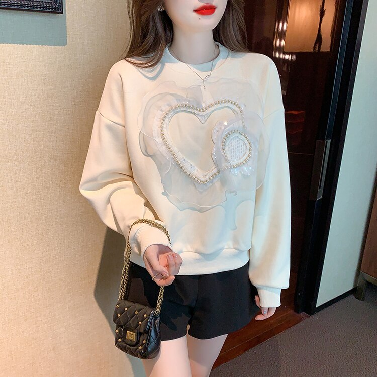 Loose Women Tops Mesh Beading Casual Sweatshirt O-Neck Vintage Work Korean Long Sleeve Simple T-Shirts