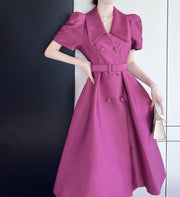 Elegant Double Breasted Midi Puff Sleeve Belted High Waist Plain Dress