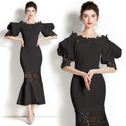 Vintage Designer High Quality Puff Sleeve Multi Color Flower Embroidery Elegant Dress