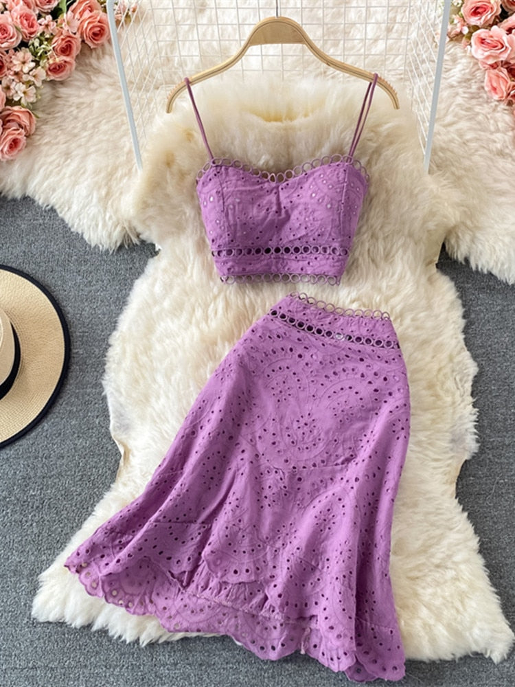 Embroidery Two Piece Set Sexy Backless Tube Top + High Waist Irregular Bodycon Skirt High Quality