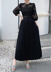 High quality vintage belted round neck half sleeve hollow out lace dress