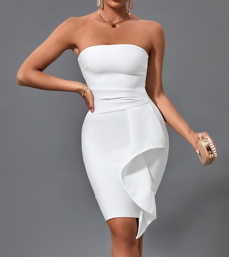 Sexy Elegant Ruffled White Bandage Dress