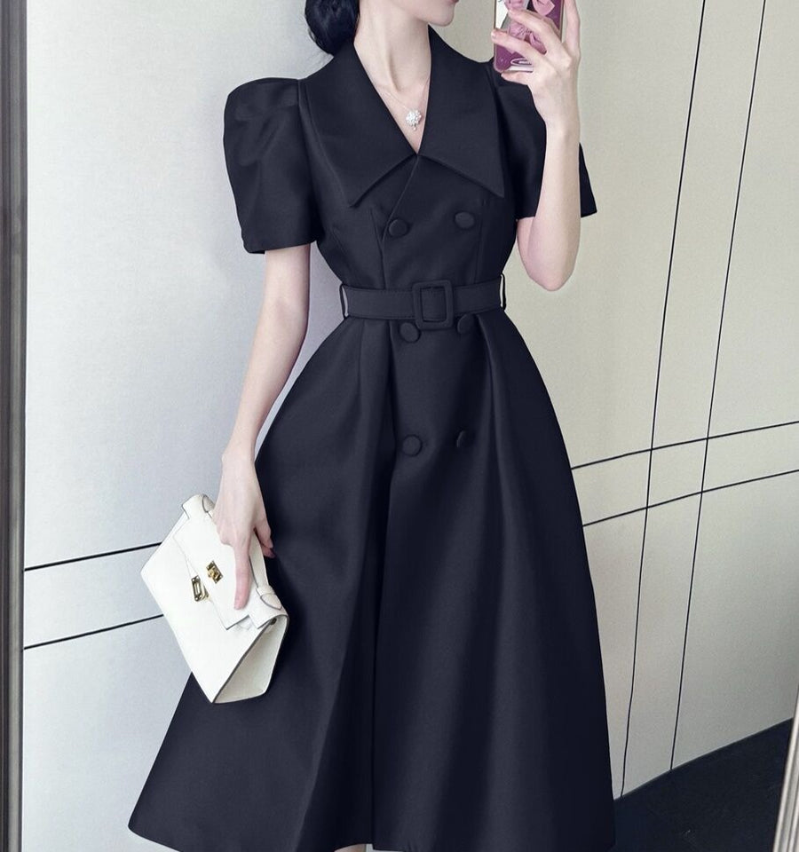 Elegant Double Breasted Midi Puff Sleeve Belted High Waist Plain Dress