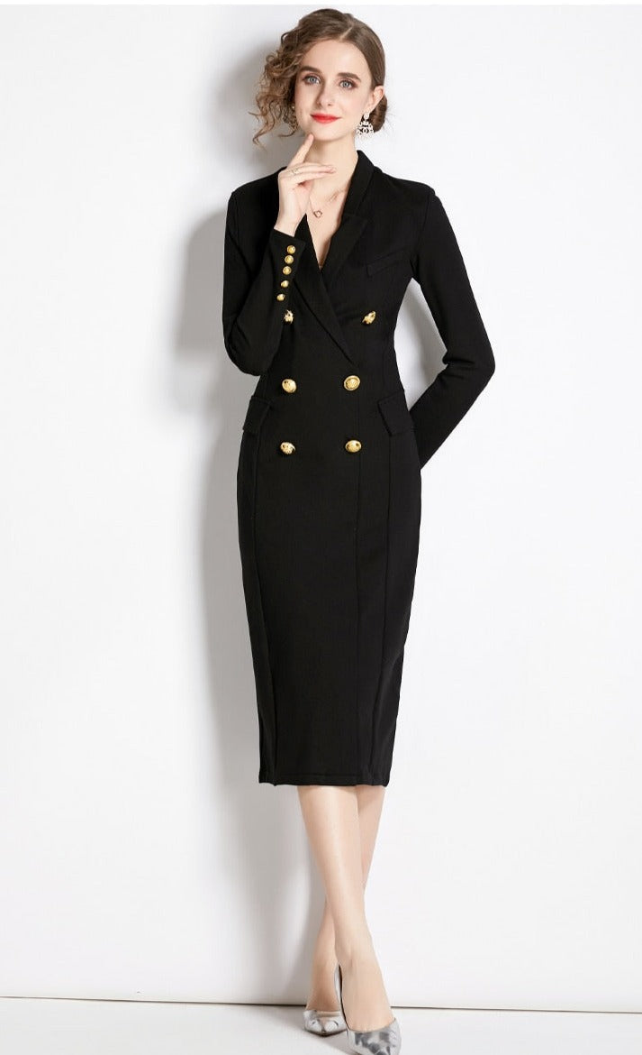 High Quality Double Breasted Long Sleeve V Neck Elegant Dress