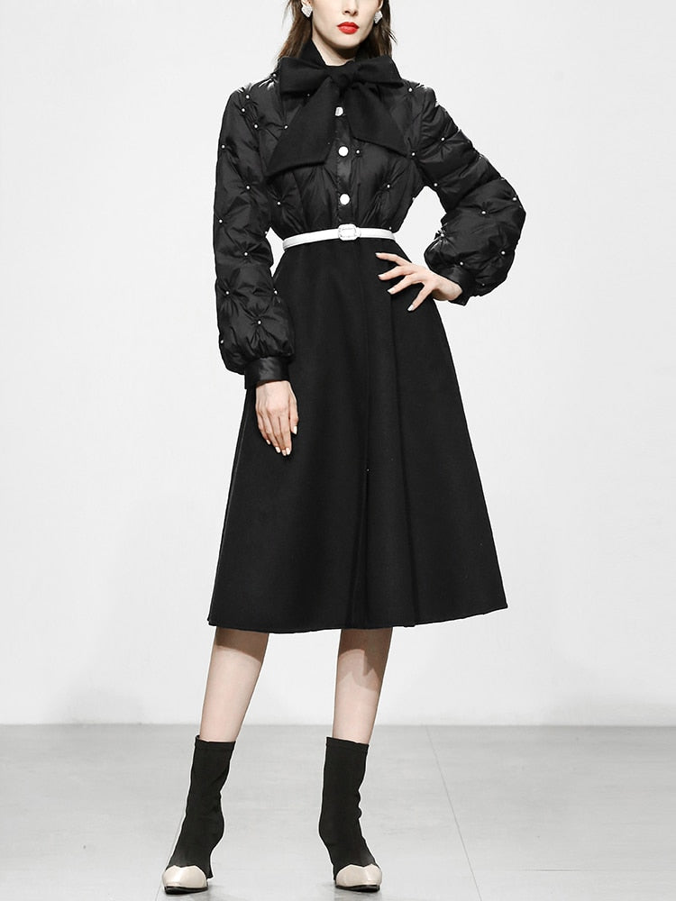 High Quality Elegant Bowknot Thick Stitching Wool Long Trench Coat Jacket