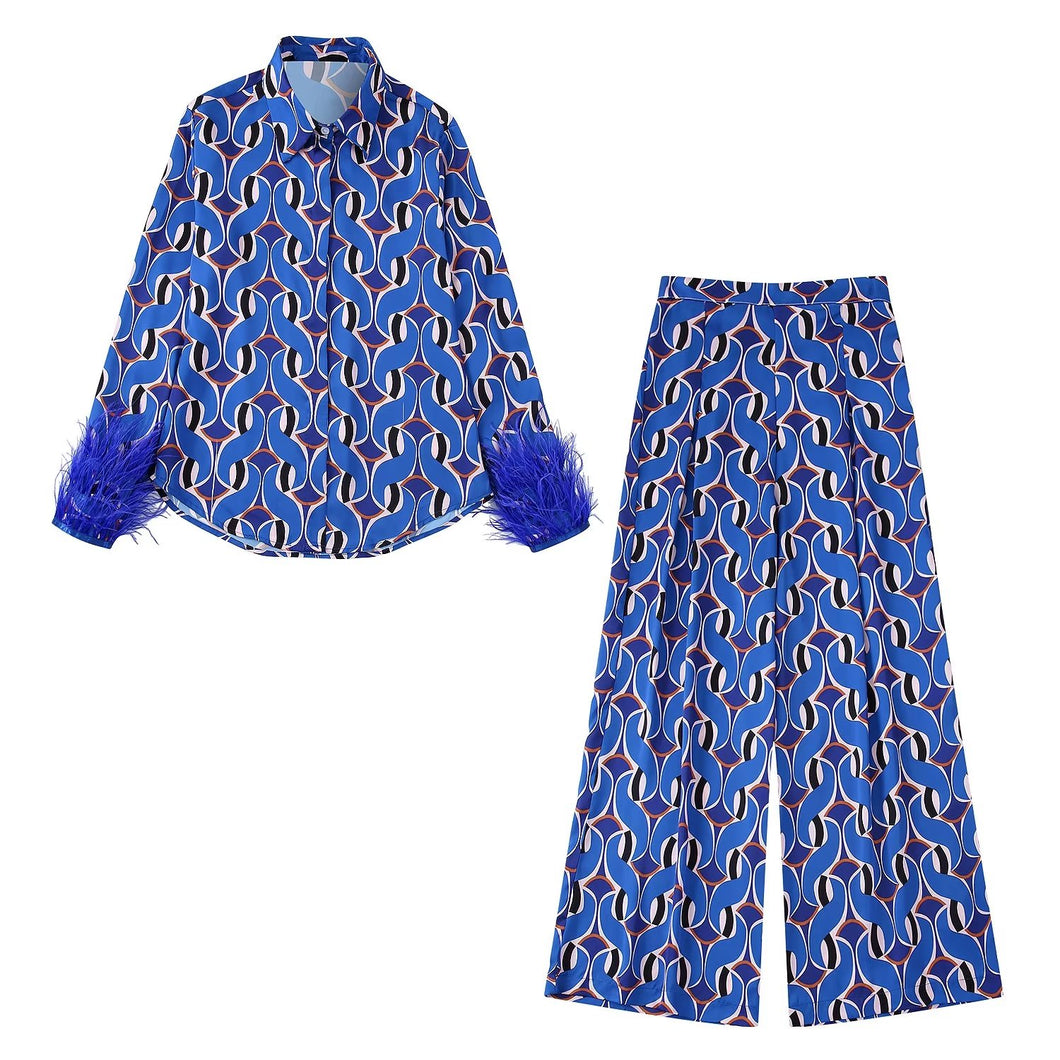 Two Piece Sets Feather Print Shirts And High Elastic Waist Wide Leg Pants