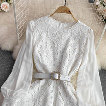 High Quality Lace Round Neck Lantern Sleeve Hook Flower Vintage Dress