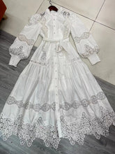 High Quality Vintage Flower Embroidery Lace Ruffled Puff Sleeve White Dress