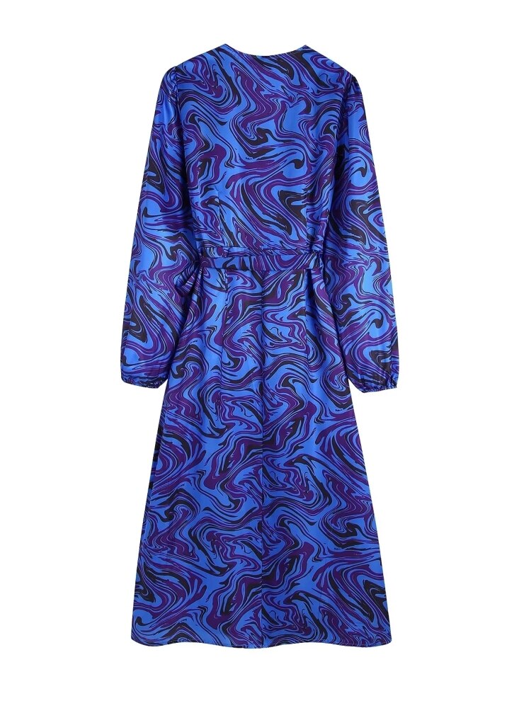 Print V-Neck Cross Lace Up Bow Wrap Dress Hot  Female Long Sleeve Vestidos