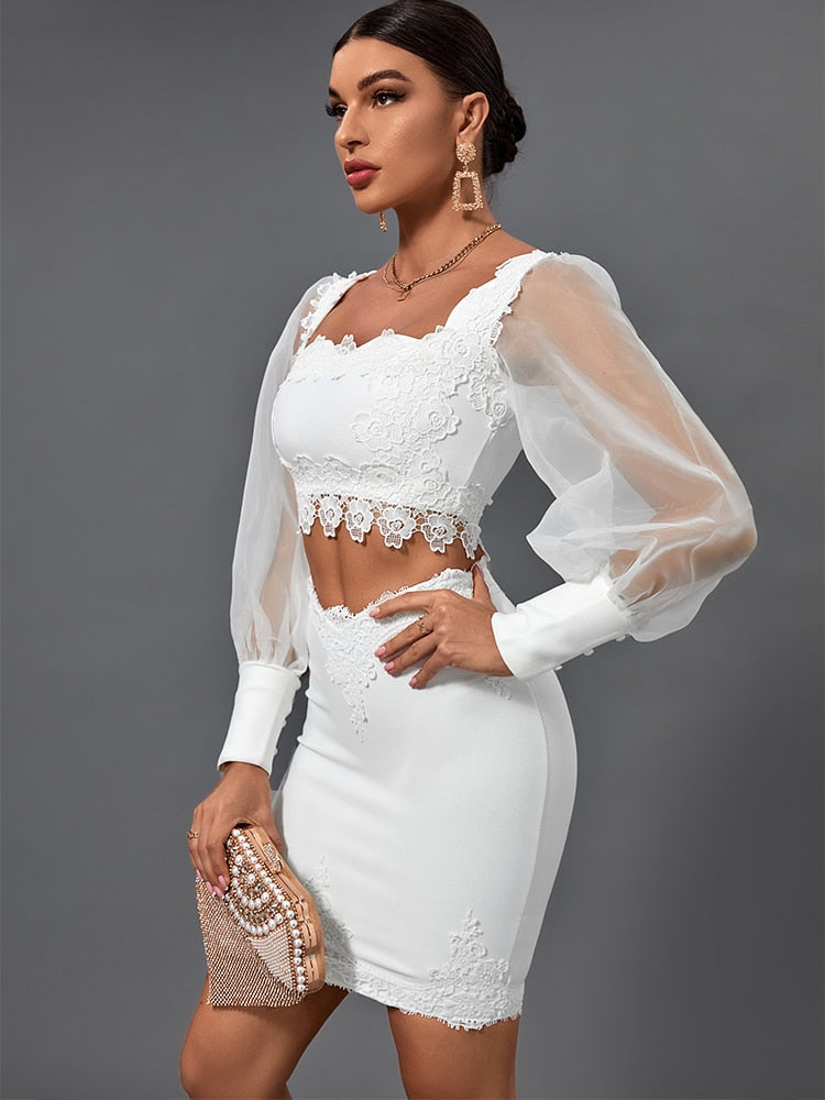 Sexy Elegant Lace Two Piece Bodycon Dress White / S Sexy Elegant Lace Two Piece Bodycon Dress White / S