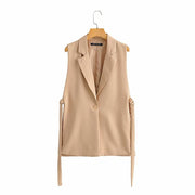 Sleeveless Solid Side Slit One Button Vest