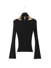 2 Colors Cross Halter Neck Long Sleeve Slim Fit Knitted Sweater