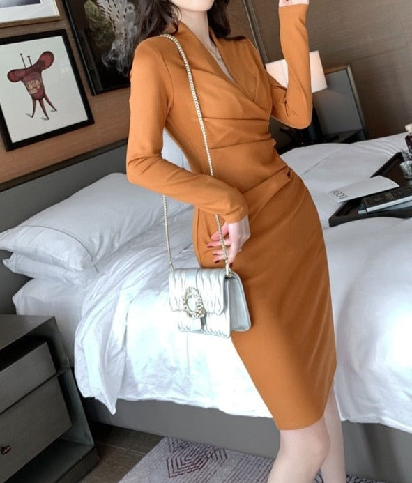 High Quality V Neck Long Sleeves Bodycon Knee Length Pencil Dress orange / M High Quality V Neck Long Sleeves Bodycon Knee Length Pencil Dress orange / M