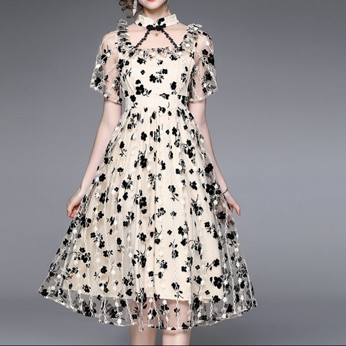 Women Summer Elegant Flocking Dress Festa High Quality Lace Cocktail Party Robe Femme Vintage Designer Mesh Vestidos