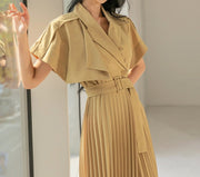 High Quality Slim Waist Belted Short Sleeve Pleated Notched Neck Elegant Dress