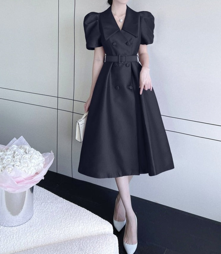 Elegant Double Breasted Midi Puff Sleeve Belted High Waist Plain Dress