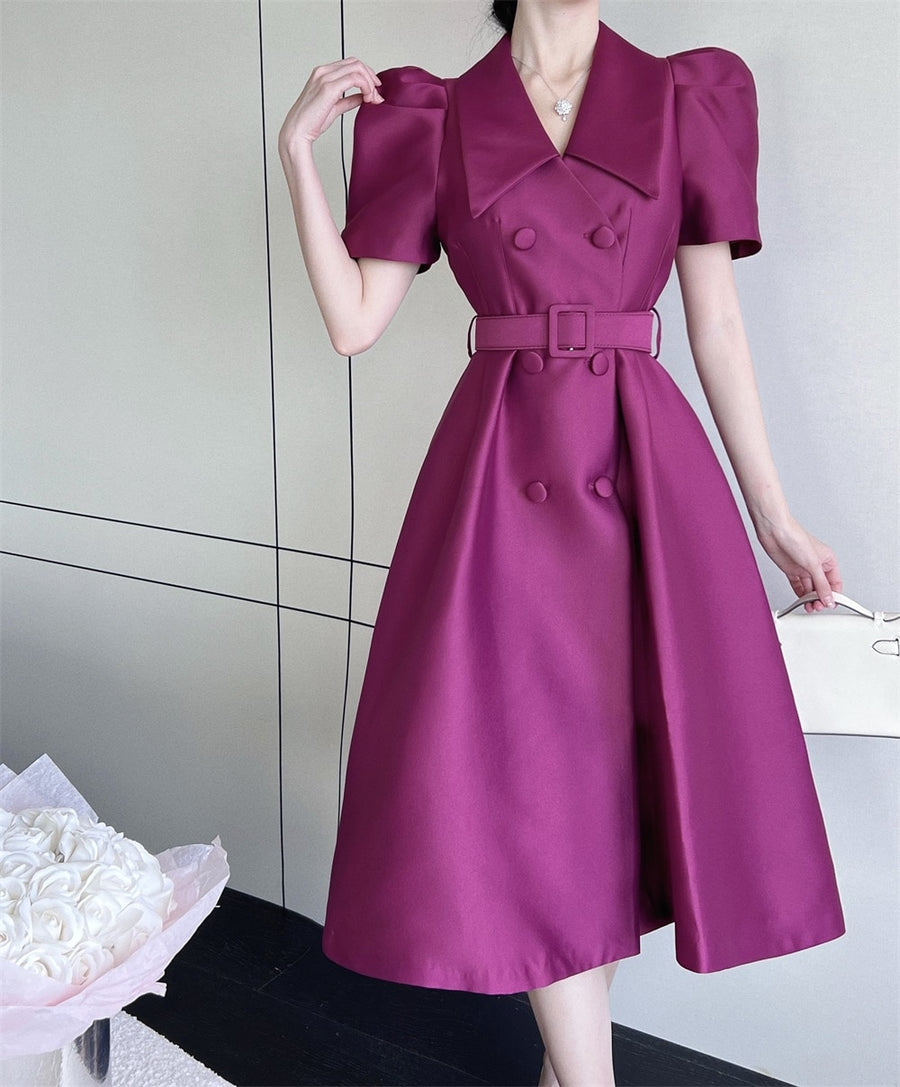 Elegant Double Breasted Midi Puff Sleeve Belted High Waist Plain Dress