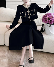 European Long Sleeves Two Piece Elegant Vintage Tweed Dress