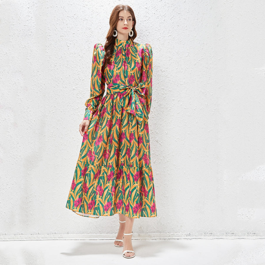 Printed Maxi Dress High Neck Long Lantern Sleeve High Quality Belt