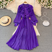 High Quality Long Sleeve Stand Collar Ruffle Drawstring Pleated Dress