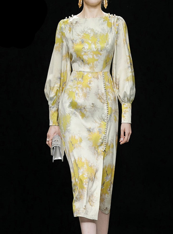 High Quality Print Elegant Long Sleeves Sheath Dress