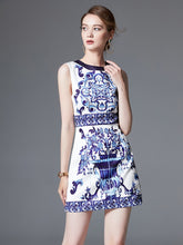 High quality blue and white porcelain print sleeveless flared dresses