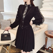 High Quality Pleated Long Sleeve Black Elegant Dress