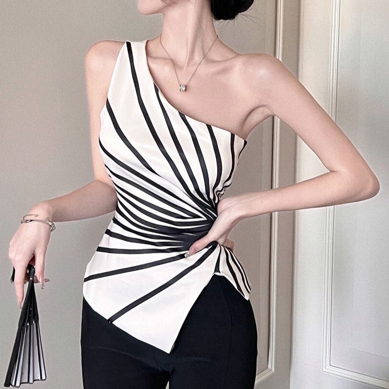 Line Drop Shoulder Design Sleeveless Slim Waist Blouse