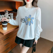 Printed O-Neck Sweatshirt Vintage Work Casual Tops Korean Design Long Sleeve Teet Loose T-Shirts