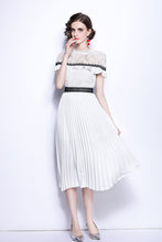High Quality Vintage Designer Short Sleeve Floral Lace Sexy Pleated Dress