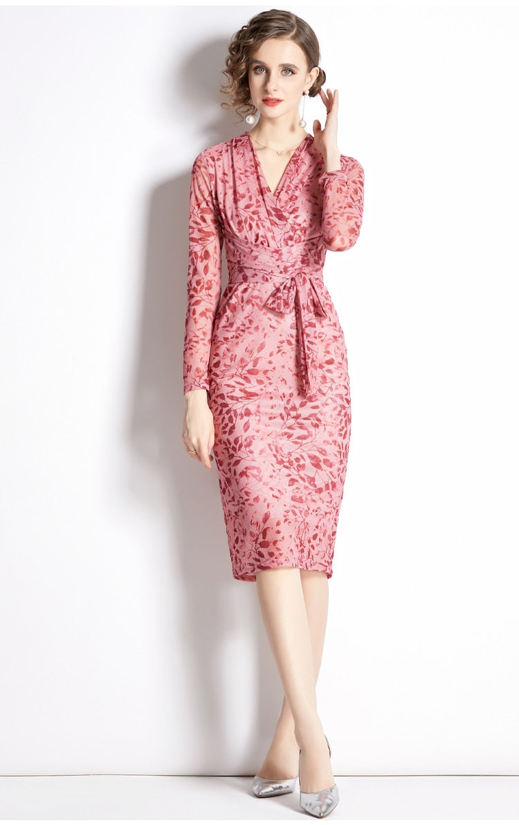 High Quality Vintage Designer V Neck Elegant Pink Sheath Dress