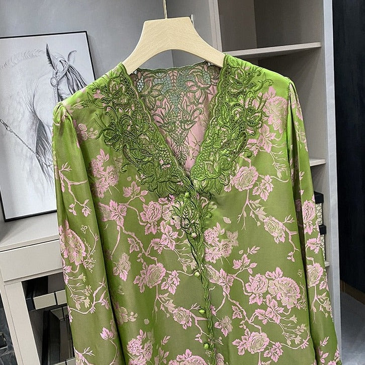 High Quality Long Sleeve V Neck Embroidered Silk Shirt