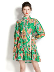 High quality vintage long sleeve single breasted lace belt print blue green shirt dress