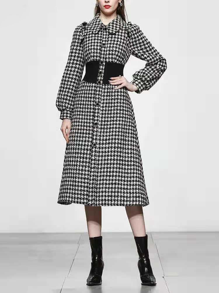 Elegant Long Sleeve Plaid Tweed Office Dresses