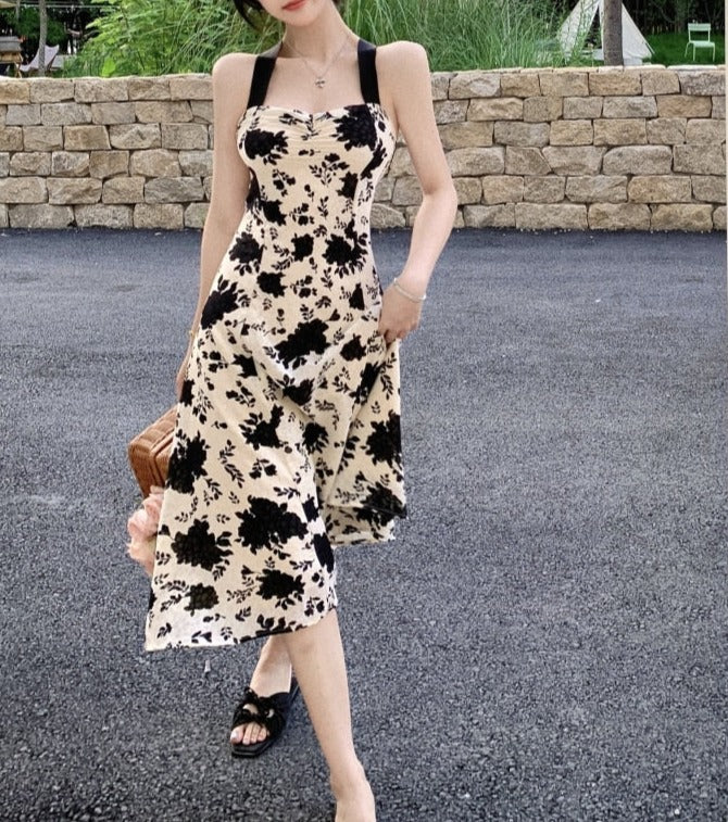 Vintage High Quality Strappy Elegant Print Midi Dress