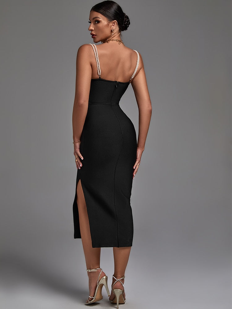 Black Bandage Below Knee Bodycon Dress with Spaghetti Straps V Neck Black / XS Black Bandage Below Knee Bodycon Dress with Spaghetti Straps V Neck Black / XS