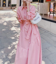 Pink dress with collar long sleeves with pocket on the sides and high quality bow