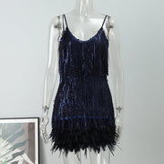 Off Shoulder Dresses V-Neck Feather Stitching Sequined Fringed