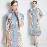 High Quality Belted Long Sleeve Flower Print Midi Dress