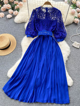 High quality vintage belted round neck half sleeve hollow out lace dress