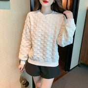 Women 3D Embossed Loose Casual Sweatshirt O-Neck Vintage Work Tops Korean Design Long Sleeve T-Shirts