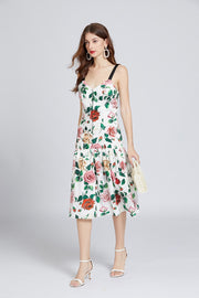 Sleeveless Floral Print Backless V Neck Knee Length Dress