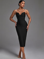 Black Bandage Below Knee Bodycon Dress with Spaghetti Straps V Neck